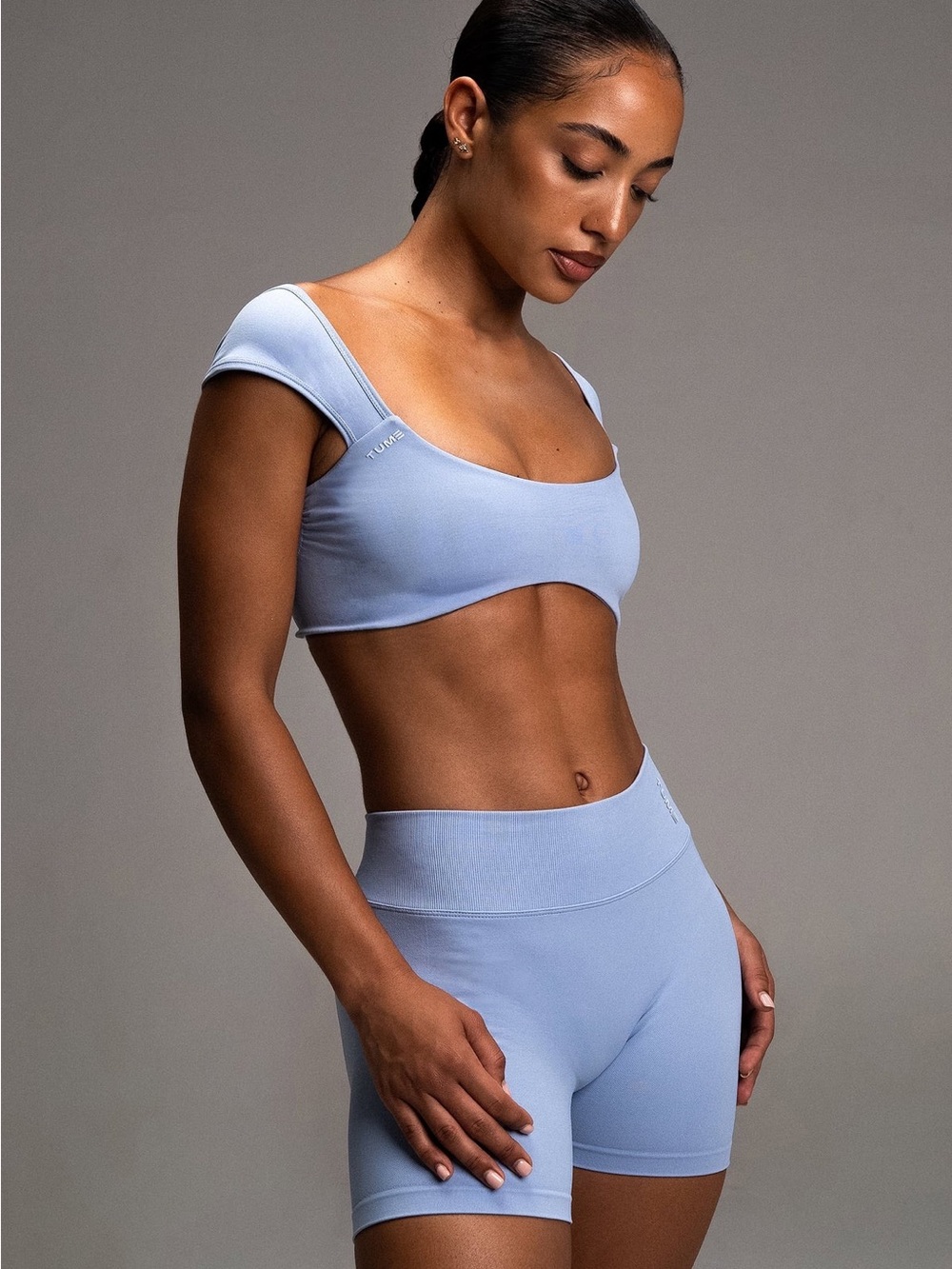 Seamless Light Blue Crop Bralette & High-Waist Shorts Set